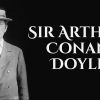 Vintage portrait of a man in a suit and straw hat with the text Sir Arthur Conan Doyle on a dark background