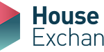 House Exchange logo featuring a geometric house design in shades of pink and blue next to the brand name in dark blue text