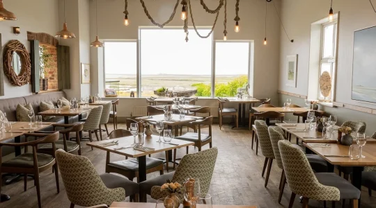 beautifully designed restaurant interior with large windows offering scenic views of a natural landscape