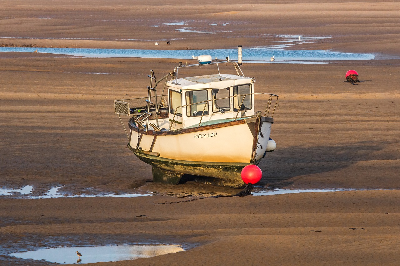 Fishing boat stranded on sandy beach at low tide with red buoy and distant seagulls under a clear sky
