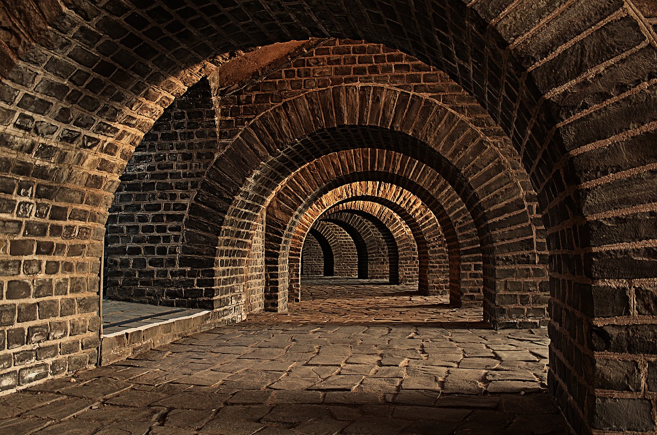 Stone archway tunnel with intricate brickwork, lit by warm light, creating a symmetrical and historical ambience