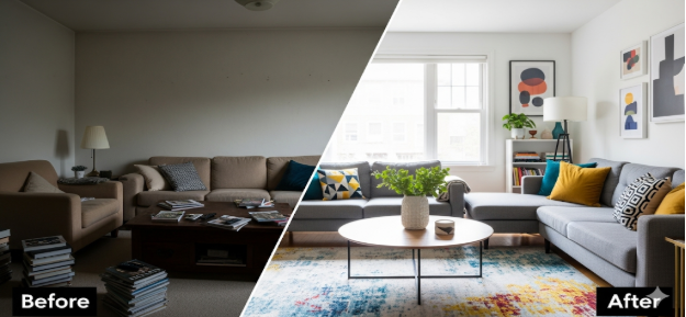 Side-by-side images of a living room, illustrating the changes made in decor and layout from before to after
