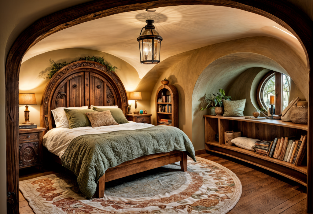 A serene bedroom scene showcasing a comfortable bed alongside a well-stocked bookcase
