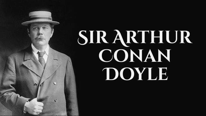 Vintage portrait of a man in a suit and straw hat with the text Sir Arthur Conan Doyle on a dark background