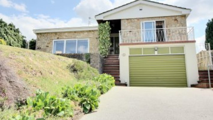Modern house with green garage door and lush garden on a sunny day in the UK countryside