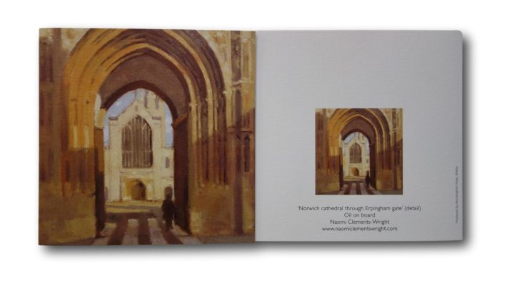 Painting of Norwich Cathedral view through Erpingham Gate on a printed art card by Naomi Clements-Wright