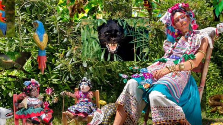 Colourful outdoor scene with a woman in traditional attire, vibrant plants, a panther, tropical birds and dolls on chairs