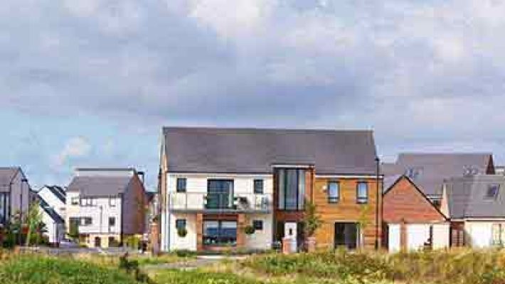 Modern UK homes with lush greenery under a blue sky, showcasing contemporary architecture in a suburban setting