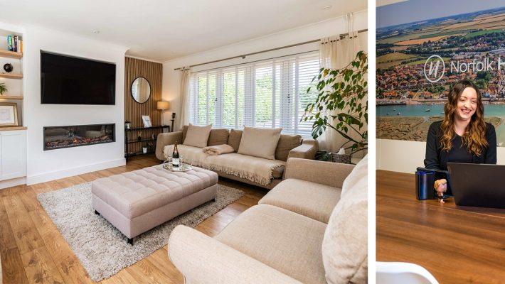 Modern living room with neutral decor and work meeting in holiday property office setting