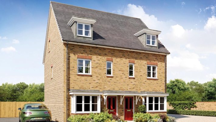 Modern semi-detached brick house with double doors and dormer windows in a green suburban area