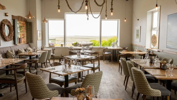 beautifully designed restaurant interior with large windows offering scenic views of a natural landscape